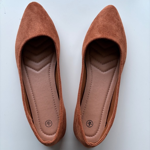 Shoes - Women's Pointed Toe Faux-Suede Flats in Rust Brown